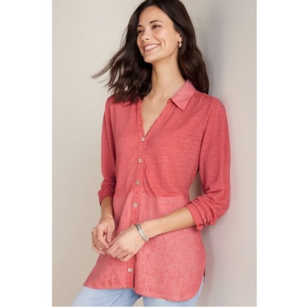 Soft Surroundings 100% Linen Coral Bodrum Tunic Button-Up Lagenlook Top - Large
